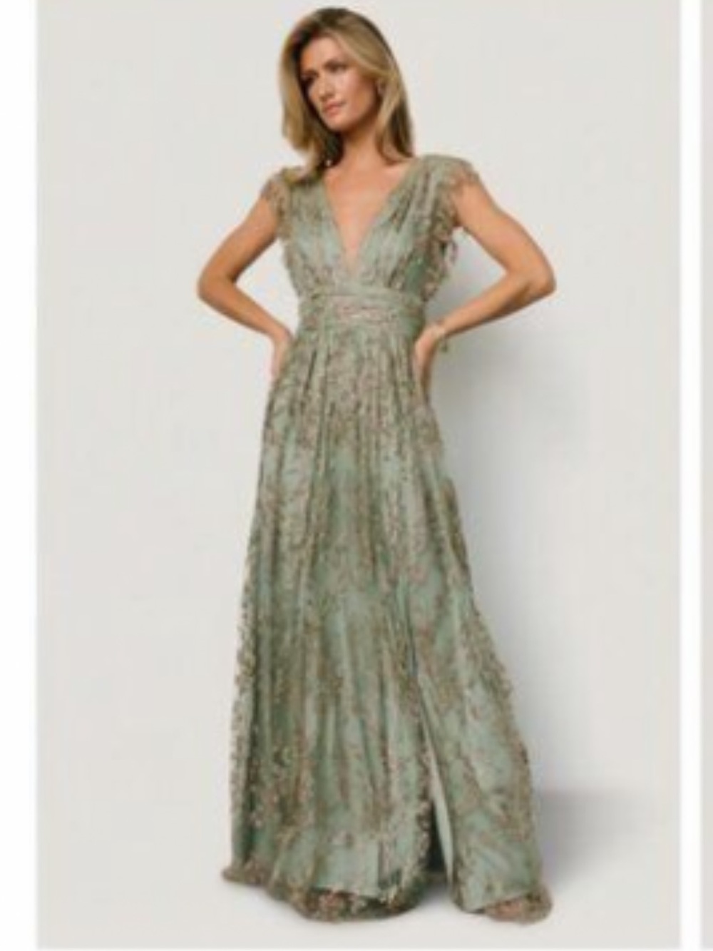 Baltic born Arden shimmer gown in sage+gold featuring a long V neckline